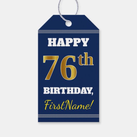 Blauw, Faux Gold 76th Birthday + Aangepaste naam Cadeaulabel (Voorkant)