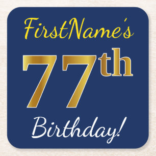 Blauw, Faux Gold 77th Birthday + Eigen naam Kartonnen Onderzetters