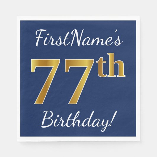 Blauw, Faux Gold 77th Birthday + Eigen naam Servetten (Voorkant)