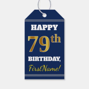 Blauw, Faux Gold 79th Birthday + Aangepaste naam Cadeaulabel
