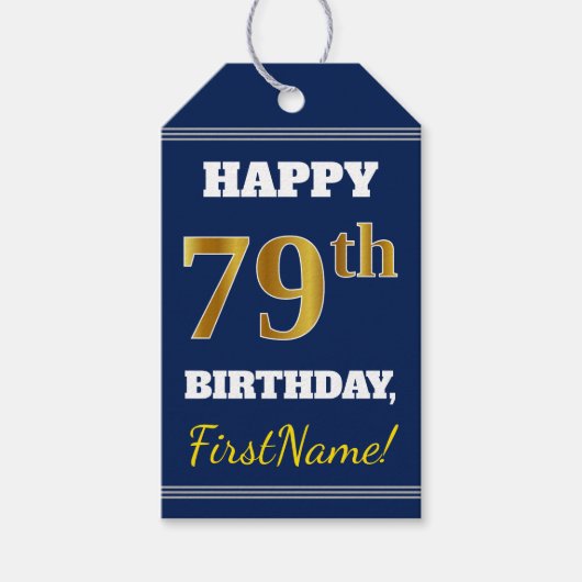 Blauw, Faux Gold 79th Birthday + Aangepaste naam Cadeaulabel (Voorkant)