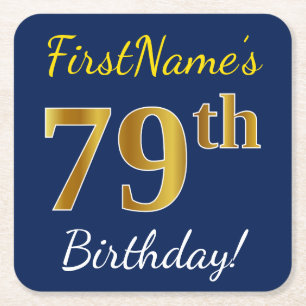 Blauw, Faux Gold 79th Birthday + Aangepaste naam Kartonnen Onderzetters