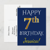 Blauw, Faux Gold 7th Birthday + Eigen naam Briefkaart (Voorkant / Achterkant)