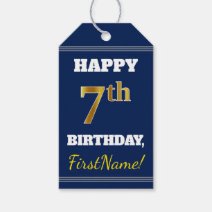 Blauw, Faux Gold 7th Birthday + Eigen naam Cadeaulabel