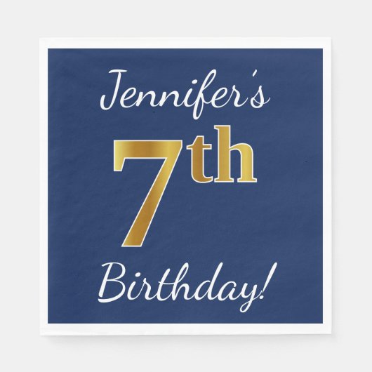 Blauw, Faux Gold 7th Birthday + Eigen naam Servetten (Voorkant)