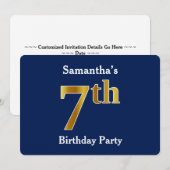 Blauw, Faux Gold 7th Birthday Party + aangepaste n Kaart (Voorkant / Achterkant)