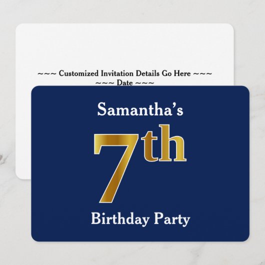 Blauw, Faux Gold 7th Birthday Party + aangepaste n Kaart (Voorkant / Achterkant)