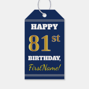 Blauw, Faux Gold 81st Birthday + Aangepaste naam Cadeaulabel