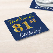 Blauw, Faux Gold 81st Birthday + Aangepaste naam Kartonnen Onderzetters (Schuin)