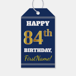 Blauw, Faux Gold 84th Birthday + Eigen naam Cadeaulabel