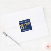 Blauw, Faux Gold 87th Birthday + Eigen naam Vierkante Sticker (Envelop)