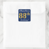 Blauw, Faux Gold 88th Birthday + Eigen naam Vierkante Sticker (Tas)