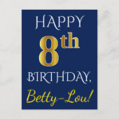 Blauw, Faux Gold 8th Birthday + Eigen naam Briefkaart (Voorkant)