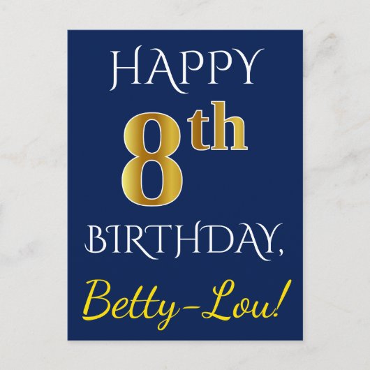 Blauw, Faux Gold 8th Birthday + Eigen naam Briefkaart (Voorkant)
