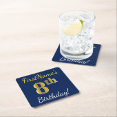 Blauw, Faux Gold 8th Birthday + Eigen naam Kartonnen Onderzetters (Insitu)