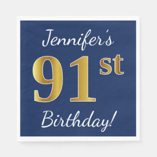 Blauw, Faux Gold 91st Birthday + Aangepaste naam Servetten