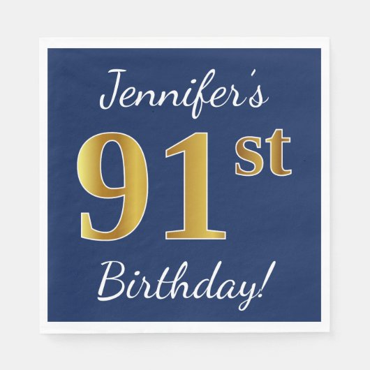 Blauw, Faux Gold 91st Birthday + Aangepaste naam Servetten (Voorkant)