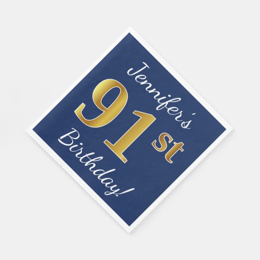 Blauw, Faux Gold 91st Birthday + Aangepaste naam Servetten (Hoek)