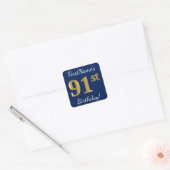 Blauw, Faux Gold 91st Birthday + Aangepaste naam Vierkante Sticker (Envelop)