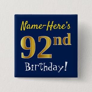 Blauw, Faux Gold 92e verjaardag, met aangepaste na Vierkante Button 5,1 Cm