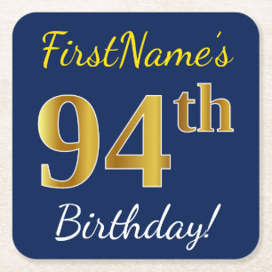 Blauw, Faux Gold 94th Birthday + aangepaste naam Kartonnen Onderzetters