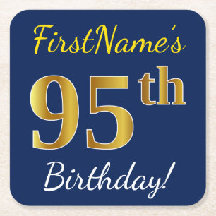 Blauw, Faux Gold 95th Birthday + Eigen naam Kartonnen Onderzetters