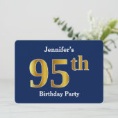 Blauw, Faux Gold 95th Birthday Party + aangepaste  Kaart (Staand voorkant)
