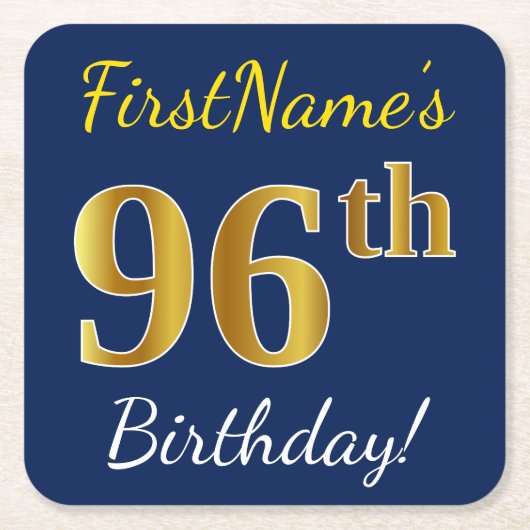 Blauw, Faux Gold 96th Birthday + Eigen naam Kartonnen Onderzetters (Voorkant)