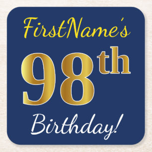 Blauw, Faux Gold 98th Birthday + Eigen naam Kartonnen Onderzetters