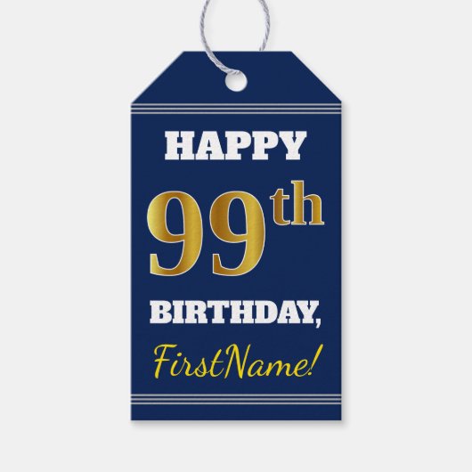 Blauw, Faux Gold 99th Birthday + Eigen naam Cadeaulabel (Voorkant)