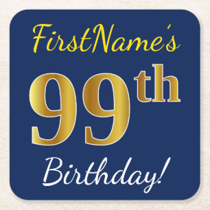 Blauw, Faux Gold 99th Birthday + Eigen naam Kartonnen Onderzetters