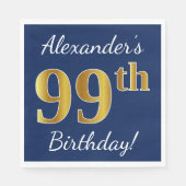 Blauw, Faux Gold 99th Birthday + Eigen naam Servetten (Voorkant)