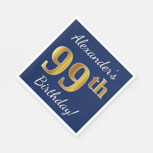 Blauw, Faux Gold 99th Birthday + Eigen naam Servetten (Hoek)