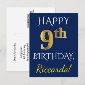 Blauw, Faux Gold 9th Birthday + Eigen naam Briefkaart (Voorkant / Achterkant)