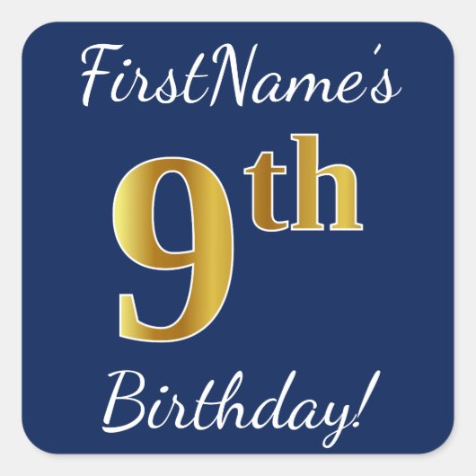 Blauw, Faux Gold 9th Birthday + Eigen naam Sticker (Voorkant)