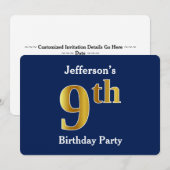Blauw, Faux Gold 9th Birthday Party + aangepaste n Kaart (Voorkant / Achterkant)