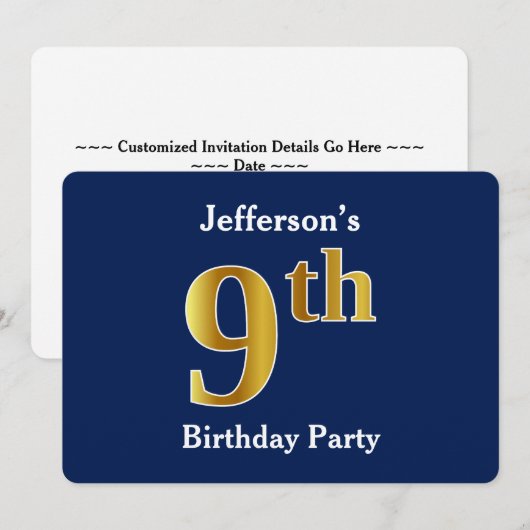 Blauw, Faux Gold 9th Birthday Party + aangepaste n Kaart (Voorkant / Achterkant)