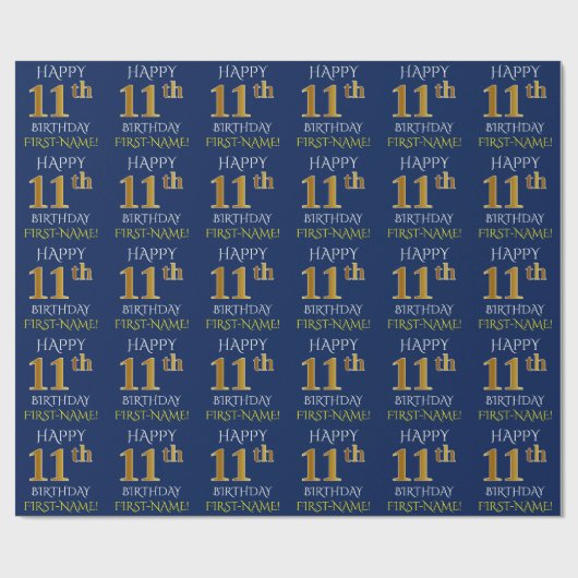 Blauw, Faux Gold "HAPPY 11th BIRTHDAY" Cadeaupapier (Vlak)
