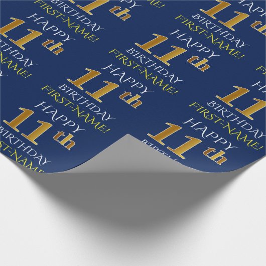 Blauw, Faux Gold "HAPPY 11th BIRTHDAY" Cadeaupapier (Hoek)