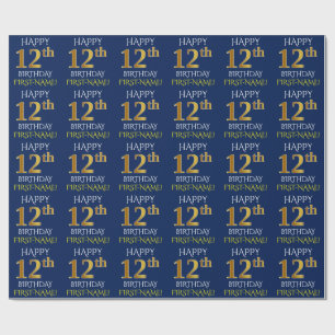 Blauw, Faux Gold "HAPPY 12th BIRTHDAY" Cadeaupapier