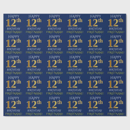 Blauw, Faux Gold "HAPPY 12th BIRTHDAY" Cadeaupapier (Vlak)