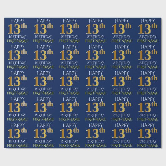 Blauw, Faux Gold "HAPPY 13th BIRTHDAY" Cadeaupapier (Vlak)