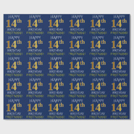Blauw, Faux Gold "HAPPY 14th BIRTHDAY" Cadeaupapier