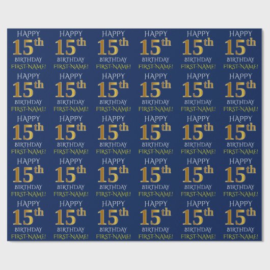 Blauw, Faux Gold "HAPPY 15th BIRTHDAY" Cadeaupapier (Vlak)