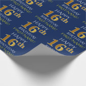 Blauw, Faux Gold "HAPPY 16th BIRTHDAY" Cadeaupapier (Hoek)