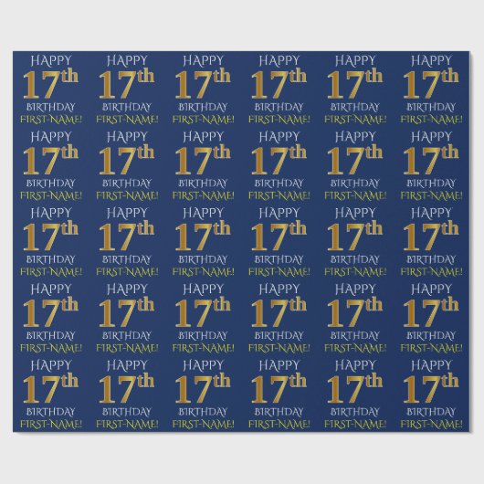 Blauw, Faux Gold "HAPPY 17th BIRTHDAY" Cadeaupapier (Vlak)