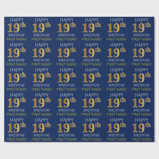 Blauw, Faux Gold "HAPPY 19th BIRTHDAY" Cadeaupapier (Vlak)