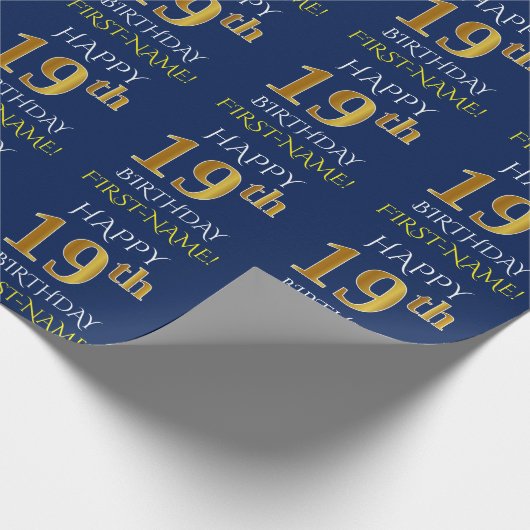Blauw, Faux Gold "HAPPY 19th BIRTHDAY" Cadeaupapier (Hoek)