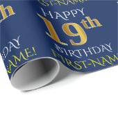 Blauw, Faux Gold "HAPPY 19th BIRTHDAY" Cadeaupapier (Rol Hoek)