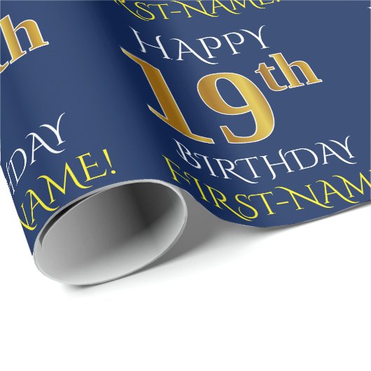 Blauw, Faux Gold "HAPPY 19th BIRTHDAY" Cadeaupapier (Rol Hoek)